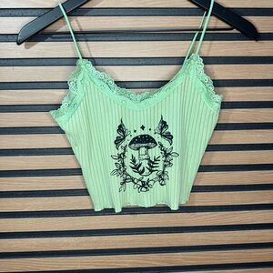 ROMWE Mint Green Lace Trim Cami with Mushroom Print